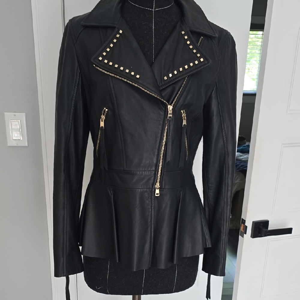 Marc Cain Black Leather Biker Jacket with Peplum Waist